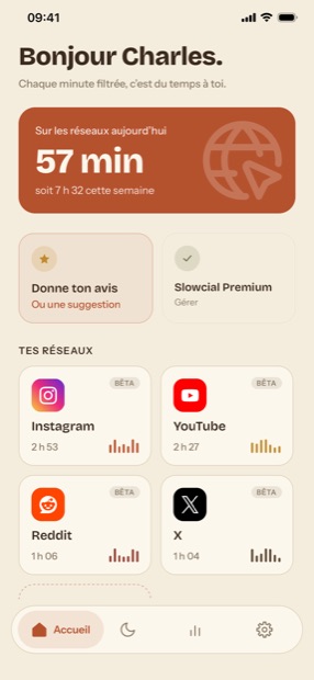 Écran d'accueil de Slowcial : le temps passé aujourd'hui et la liste des réseaux suivis.