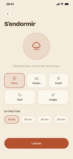 S'endormir : cinq ambiances sonores et un minuteur d'extinction.
