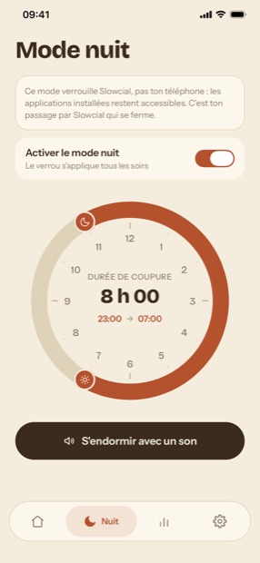 Mode nuit : un cadran d'horloge pour choisir la plage de coupure, de 23 h à 7 h.